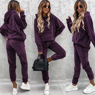 Damen sportliches Velours-Loungewear-Set mit Kapuze und elastischem Bund WW