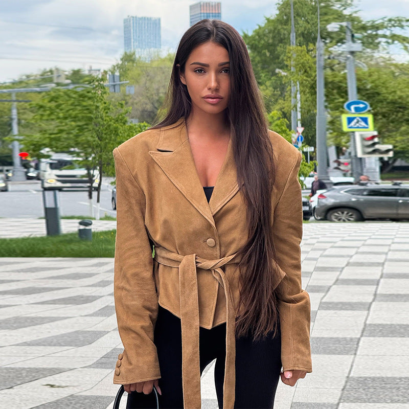 Damen Samt Blazer mit Taillengürtel WW