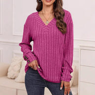 Damen Strickpullover mit V-Ausschnitt und dekorativen Knopfdetails WW
