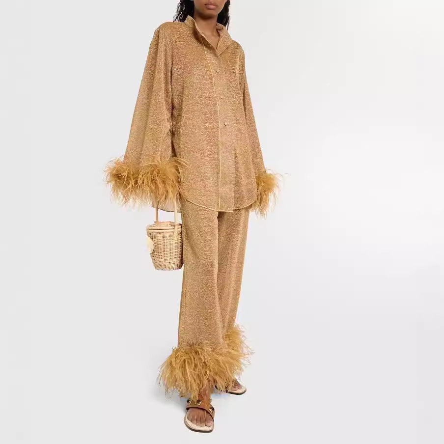 W&W Mode | Herbst Winter Feder Stehkragen Langarmoberteil und Hosen Set