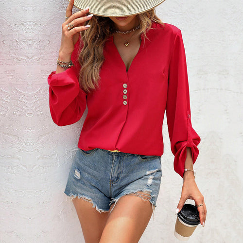 Damen Bluse mit elegantem V-Ausschnitt und raffinierten Knopfdetails W&W