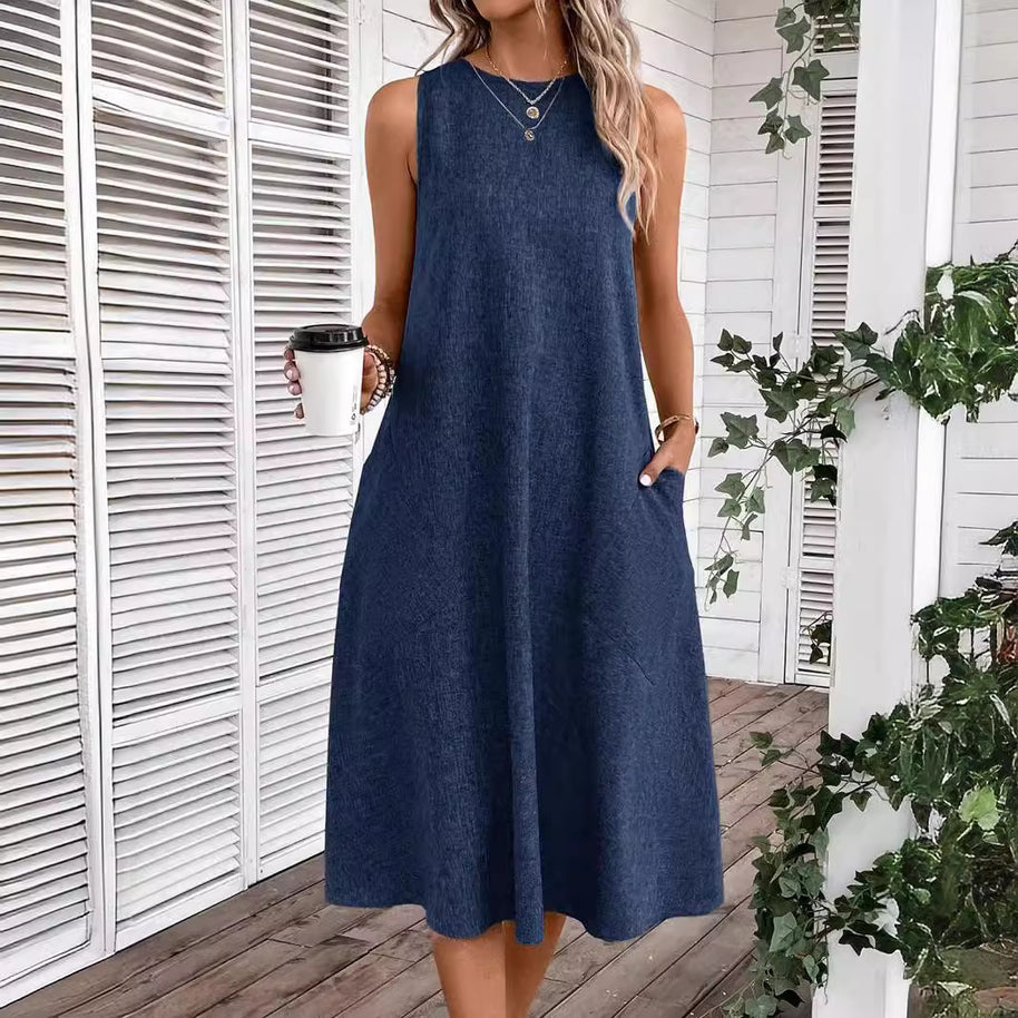 Damen lässiges Midi-Kleid mit tiefem Ausschnitt und praktischen Taschen WW