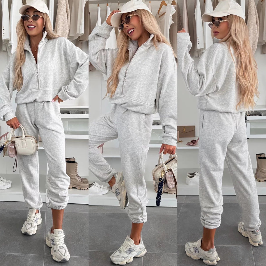 Damen sportliches Fleece-Set mit halbem Reißverschluss und elastischem Bund WW