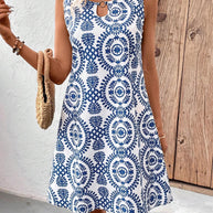 Damen ärmelloses Sommerkleid mit modischem Schlüssel-Ausschnitt und floralem Muster WW