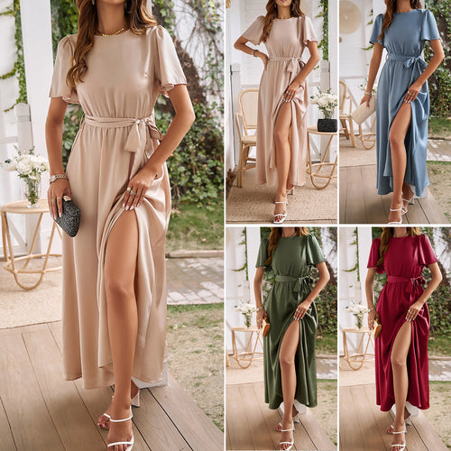 Damen Maxikleid mit tiefem Schlitz und Taillengürtel WW