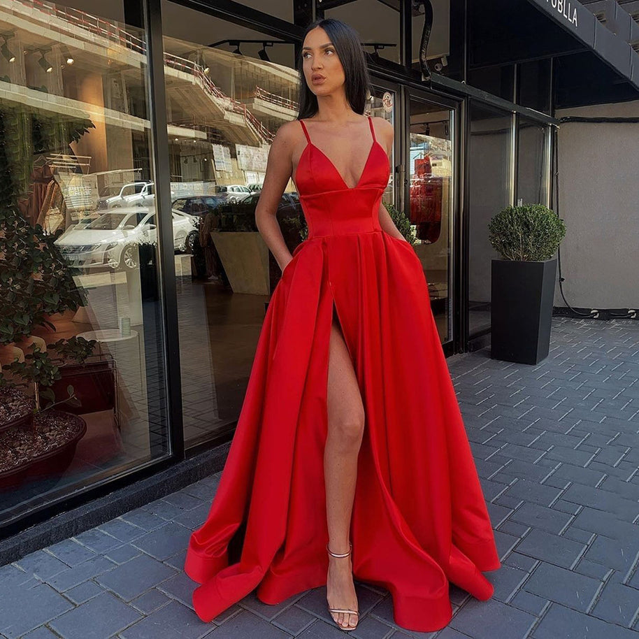 Damen Abendkleid mit aufregendem Beinschlitz und elegantem V-Ausschnitt WW