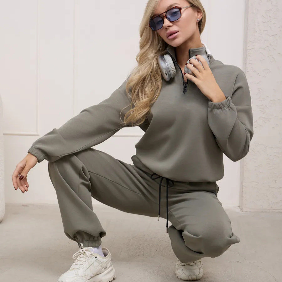 Damen Sportliches Loungewear-Set mit halbem Reißverschluss und elastischem Bund WW