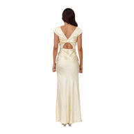 Damen elegantes Maxikleid mit tiefem V-Ausschnitt und fliessendem Satin-Finish WW