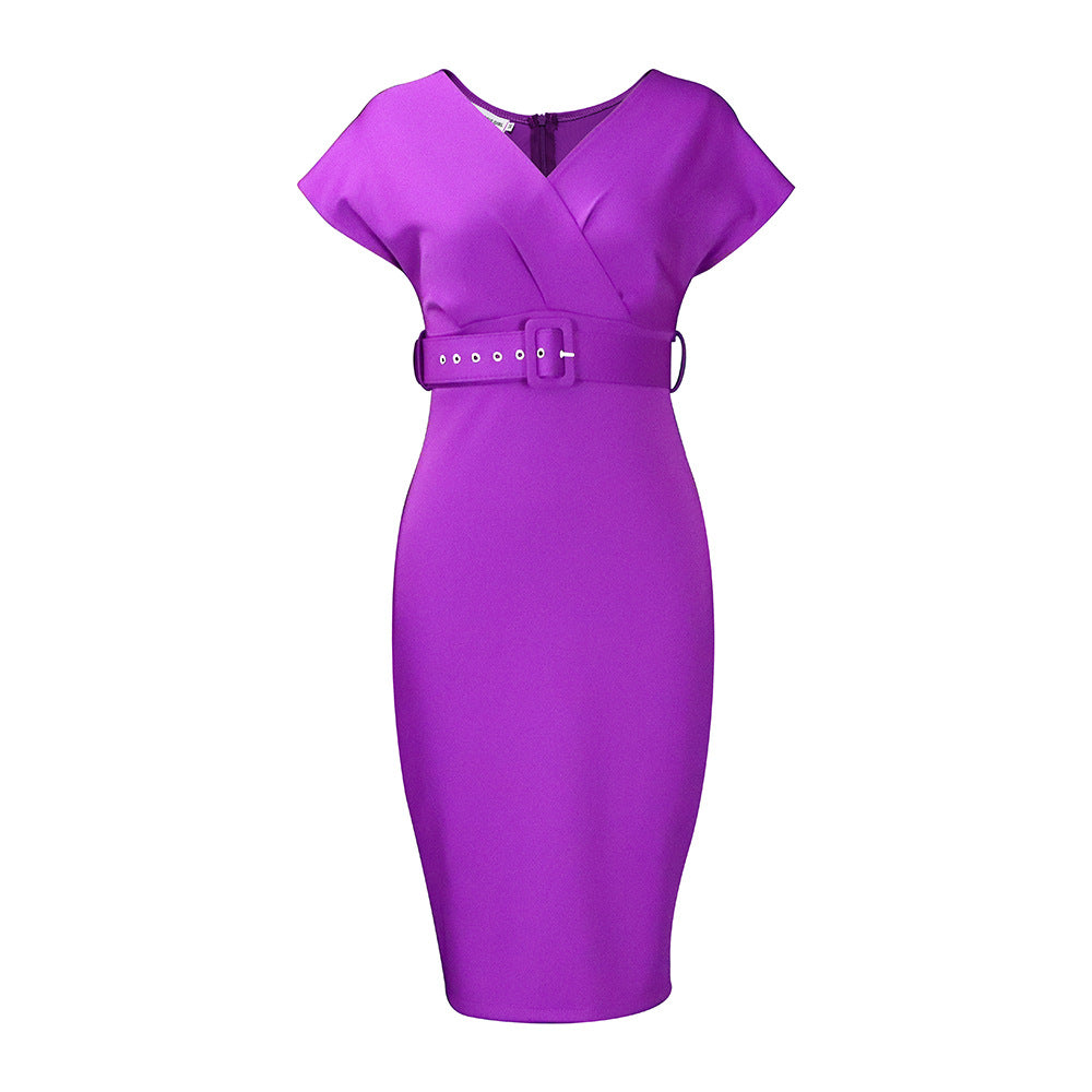 WW | Damen V-Ausschnitt Figurbetontes Midi Kleid mit Gürtel