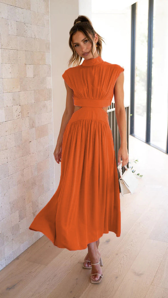 WW | Sweet Street Sommer Stehkragen Einfarbig Gekürztes Outfit Maxi Kleid