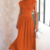 Damen elegantes Maxikleid mit hohem Kragen und seitlichen Cut-Outs WW