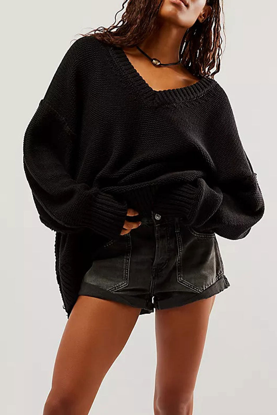 Damen V-Ausschnitt Oversized Pullover mit strukturiertem Strickmuster WW