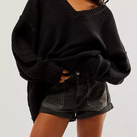 Damen V-Ausschnitt Oversized Pullover mit strukturiertem Strickmuster WW