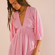 Damen Sommerliches Minikleid mit Puffärmeln und V-Ausschnitt WW