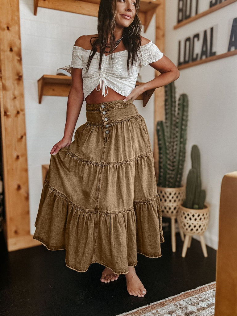 Damen Baumwollrock mit voluminösem Stufen-Design und modischem Knopfdetail WW