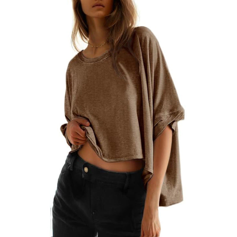 Damen lässiges cropped Oberteil mit weiten Ärmeln und Rundhalsausschnitt WW