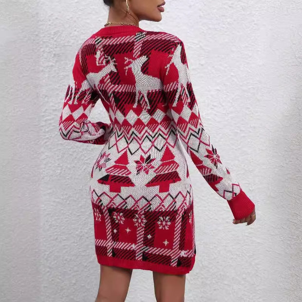 Damen Strickkleid mit festlichem Muster und Rundhalsausschnitt WW