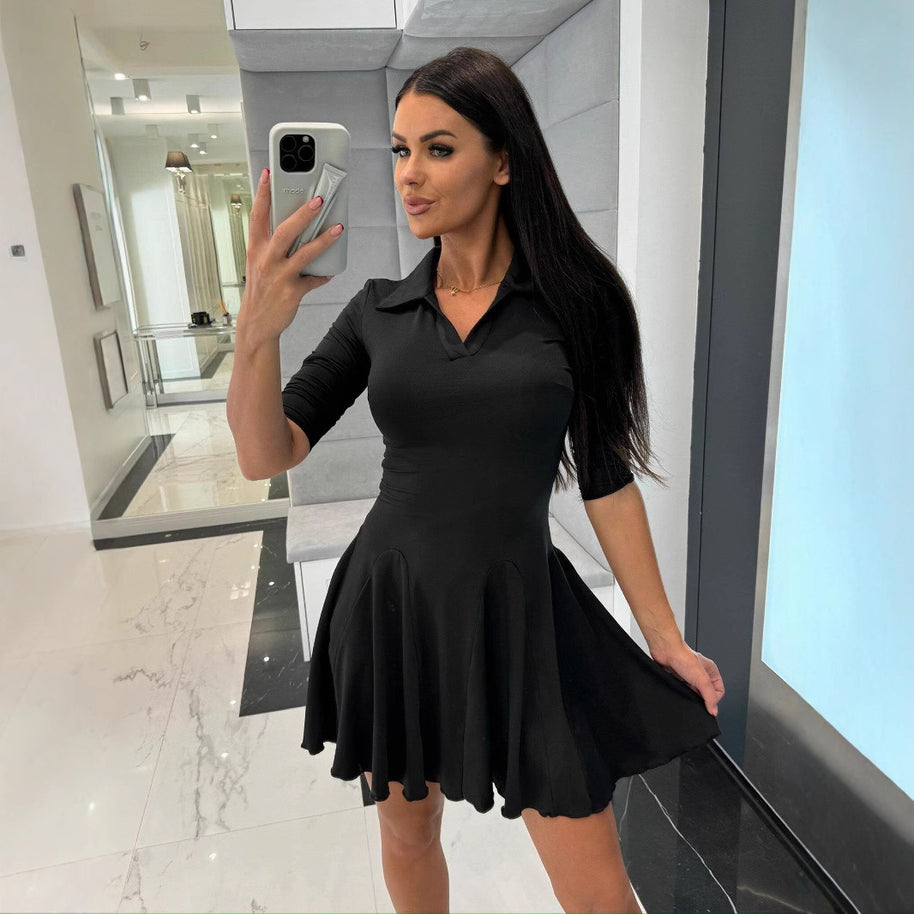 Damen A-Linien Kleid mit Polo-Kragen und schwingendem Rock WW