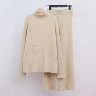 Damen Strickensemble mit hohem Kragen und eleganten Knopfdetails WW