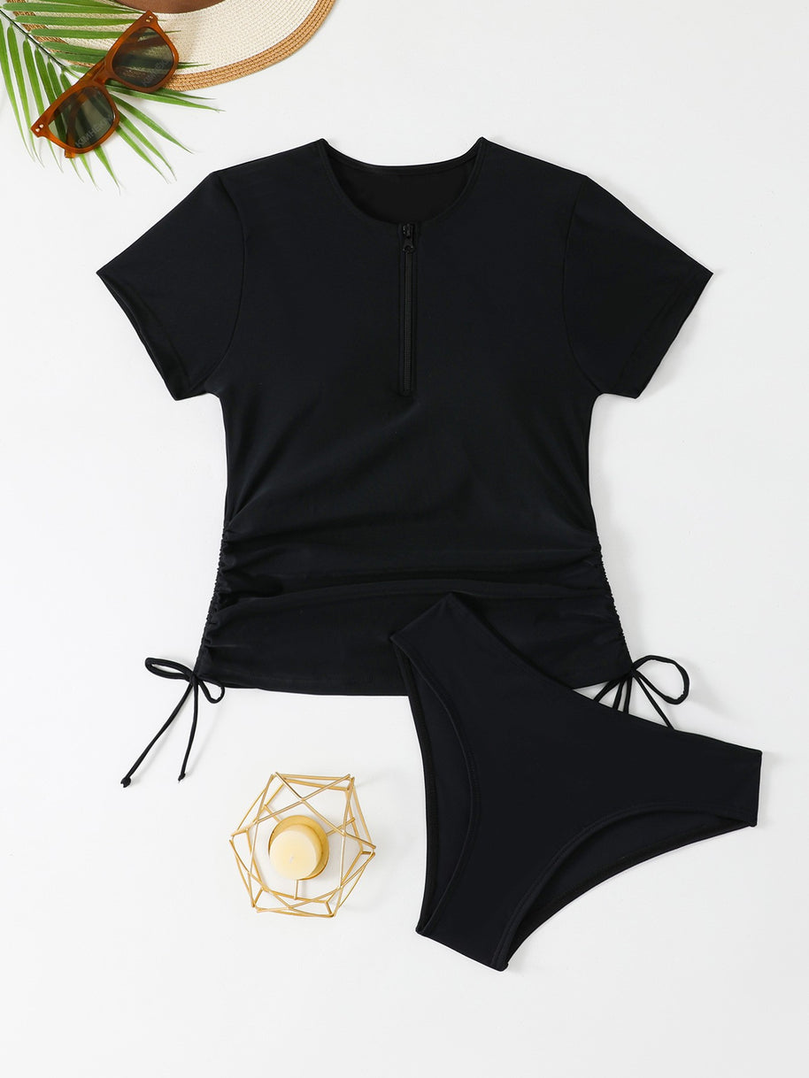 Damen Sport-Badeanzug-Set mit kurzem Oberteil und seitlichen Raffungen WW