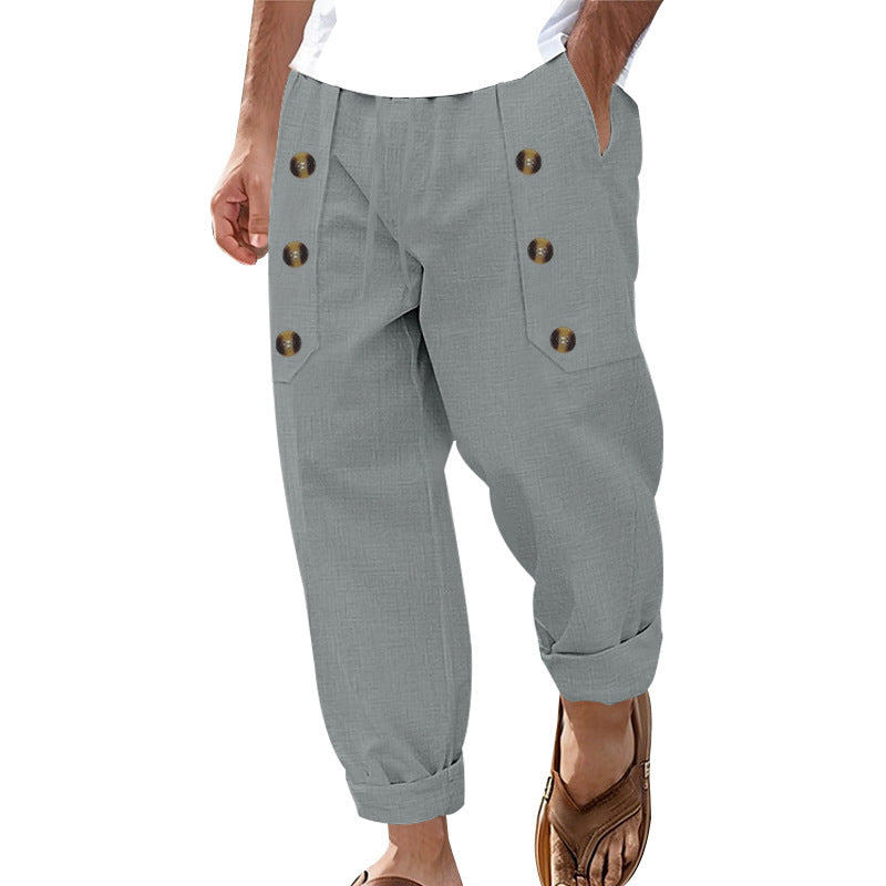 Herren Bequeme Leinenhose mit seitlichen Knöpfen und elastischem Bund W&W Mode