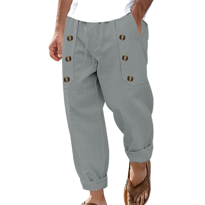 Herren Bequeme Leinenhose mit seitlichen Knöpfen und elastischem Bund W&W Mode