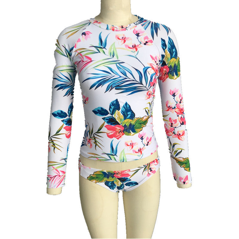 Damen Sportlicher Rashguard-Bikini-Set mit langem Arm und floralem Design WW