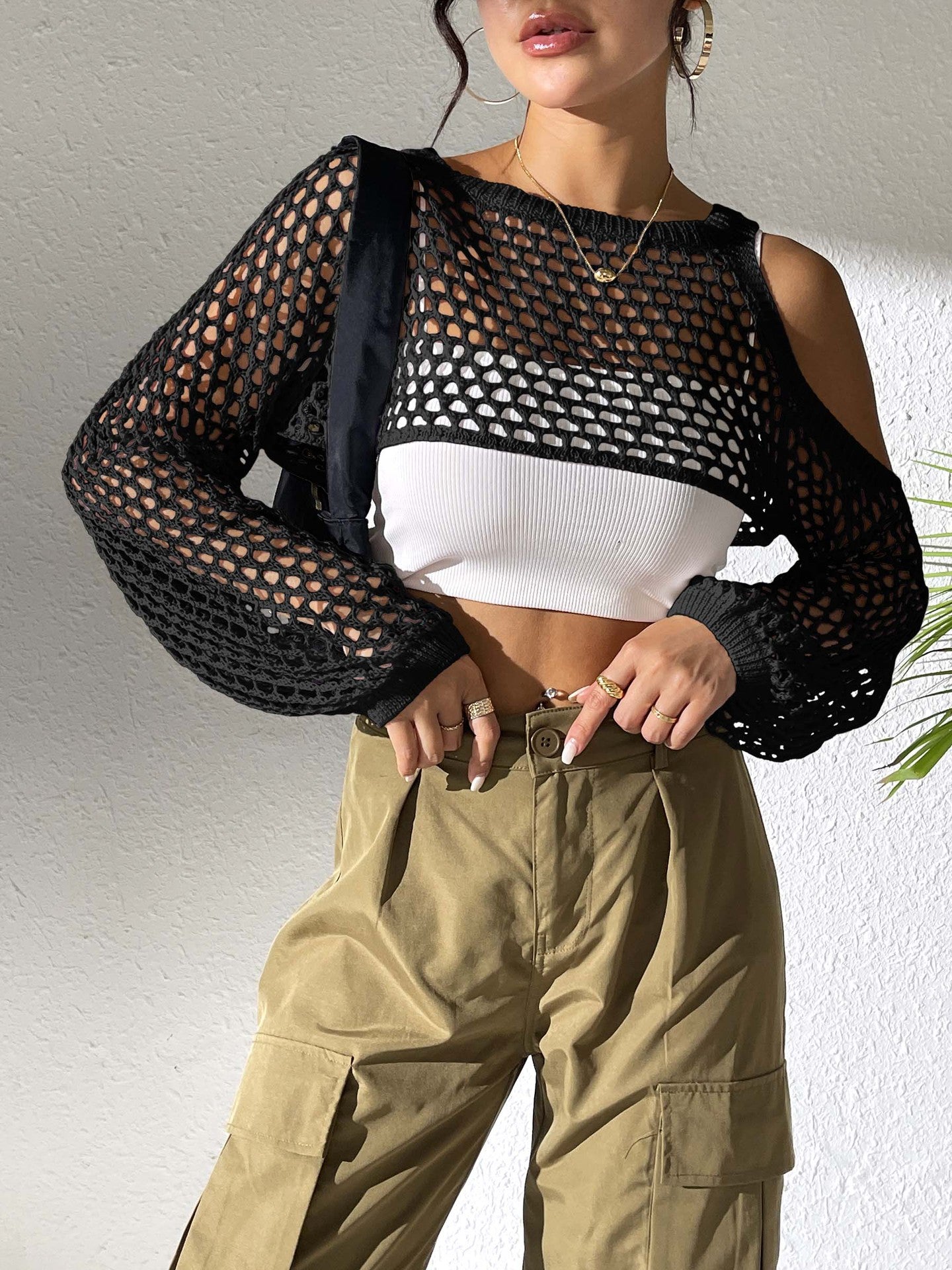 Damen lässiger Netzpullover mit offenen Schultern und weitem Schnitt WW