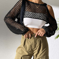 Damen lässiger Netzpullover mit offenen Schultern und weitem Schnitt WW