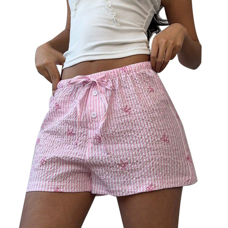 Damen kurze Schlafshorts mit niedlichem Streifenmuster und dekorativer Stickerei WW