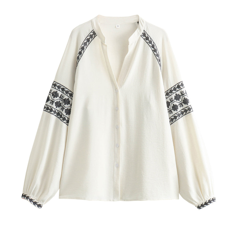 Damen bestickte Bluse mit modernen Puffärmeln und elegantem Stehkragen WW