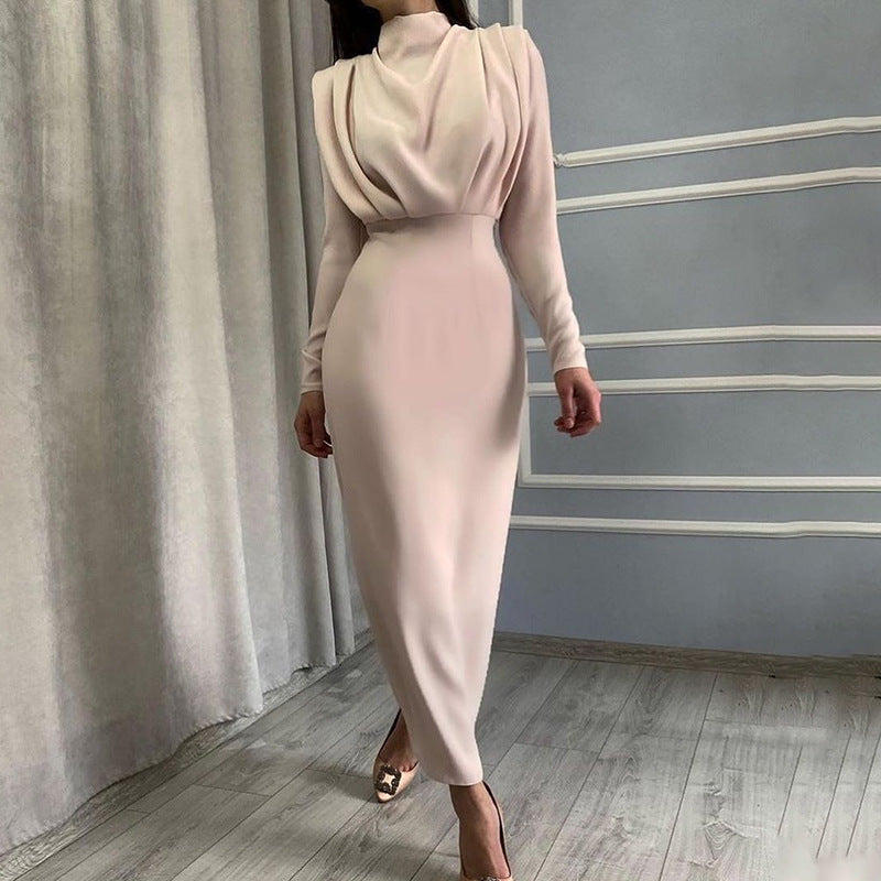 Damen elegantes Midi-Kleid mit hochgeschlossenem Design und Drapierungen W&W Mode
