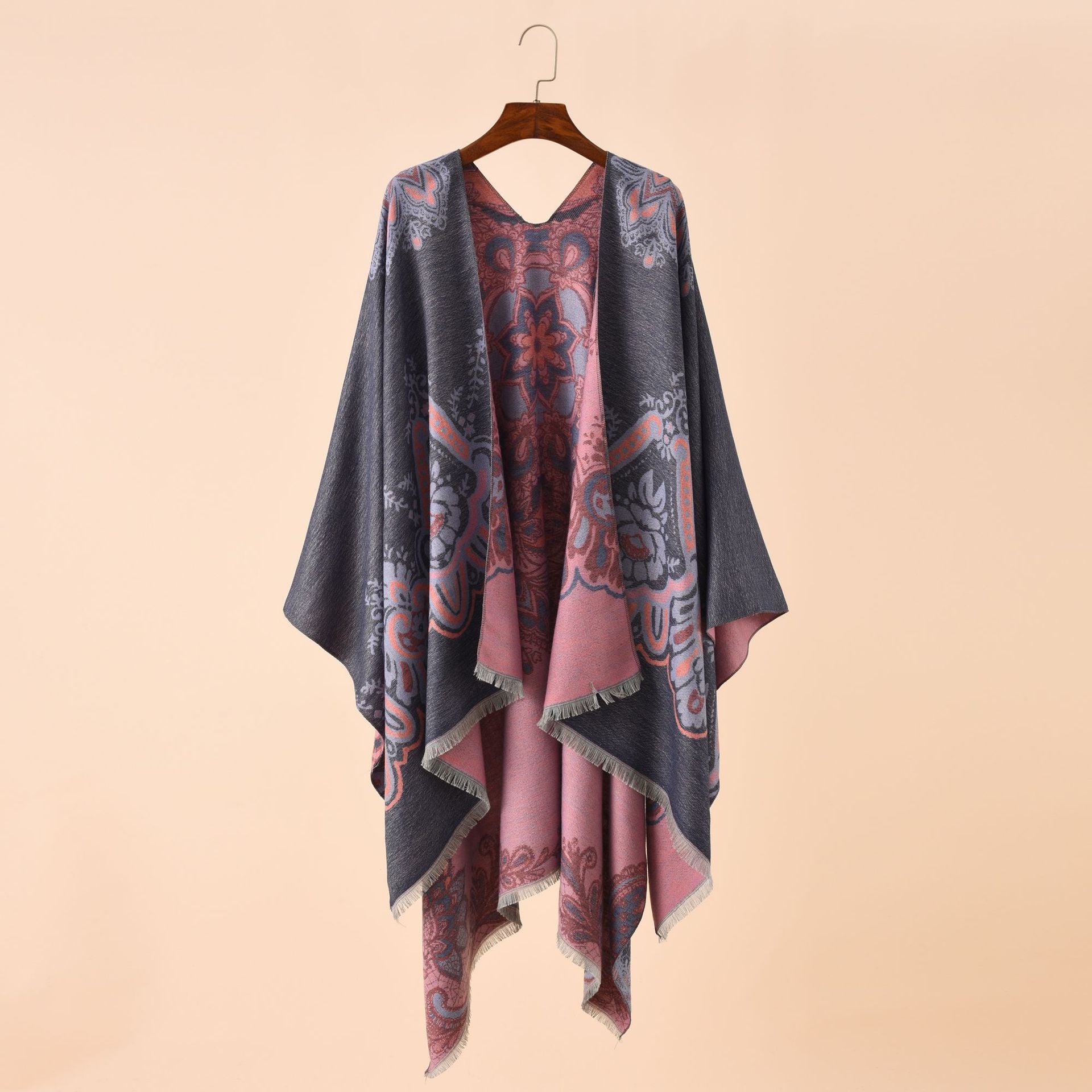 Damen Eleganter Kimono-Poncho mit kunstvollem Muster und fransigen Kanten WW