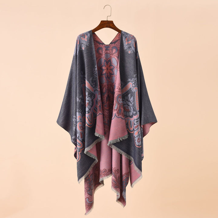 Damen Eleganter Kimono-Poncho mit kunstvollem Muster und fransigen Kanten W&W Mode