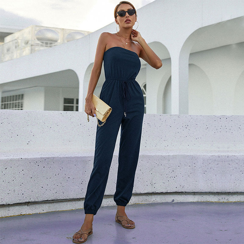 Damen Jumpsuit mit trägerlosem Schnitt und elastischem Taillengürtel WW