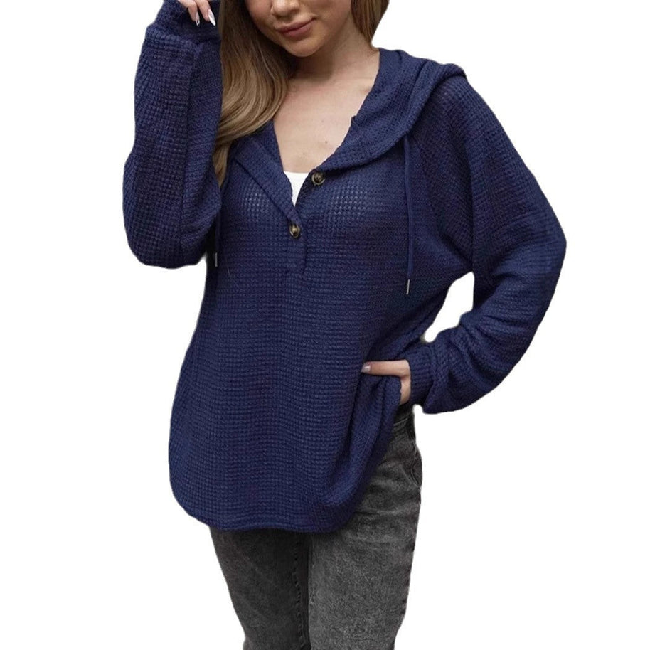 WW | Einfarbiger Knopf Zugband Lockere Lange Ärmel Hoodie