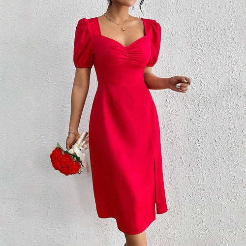 Damen Midi-Kleid mit Puffärmeln und raffiniertem Rüschendetail W&W Mode