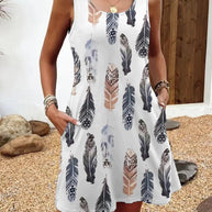 Damen ärmelloses Freizeitkleid mit Federmuster und praktischen Taschen WW
