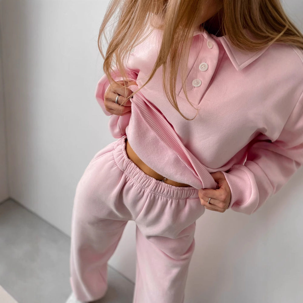 Damen sportliches Fleece-Set mit weiten Hosen und Polokragen WW
