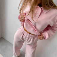 Damen sportliches Fleece-Set mit weiten Hosen und Polokragen WW