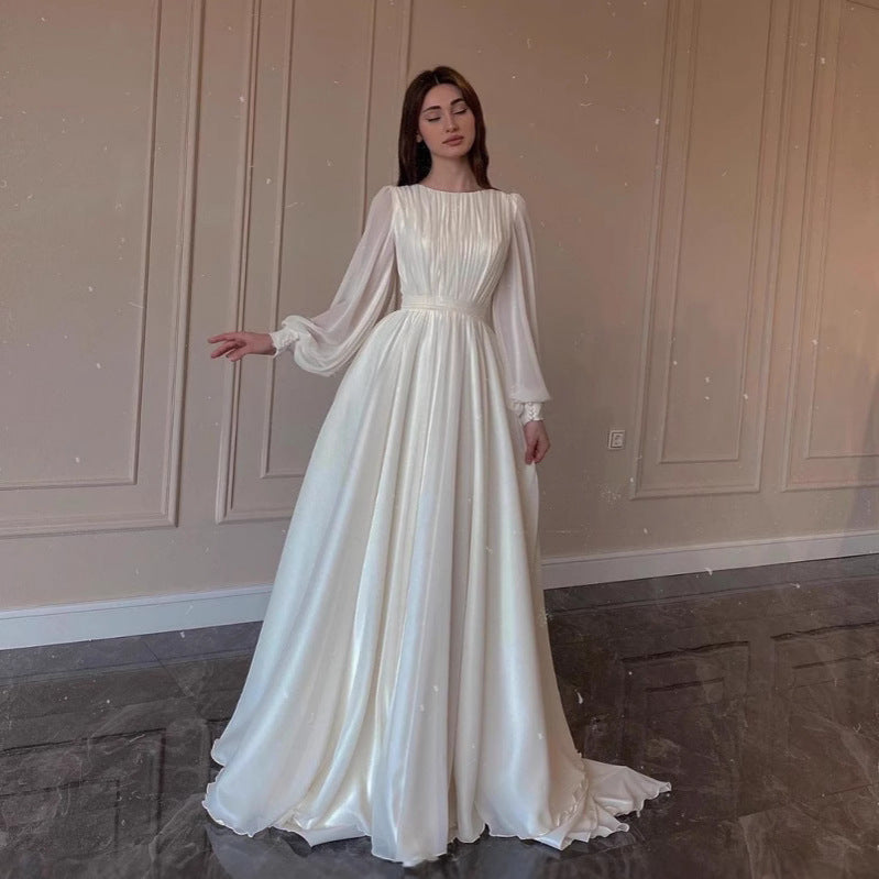 WW | Durchsichtiges Weißes Hochzeitskleid Rundhalsausschnitt Lange Ärmel Kleid
