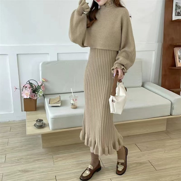 Damen Strickkleid mit hochgeschlossenem Kragen und Rippstruktur WW