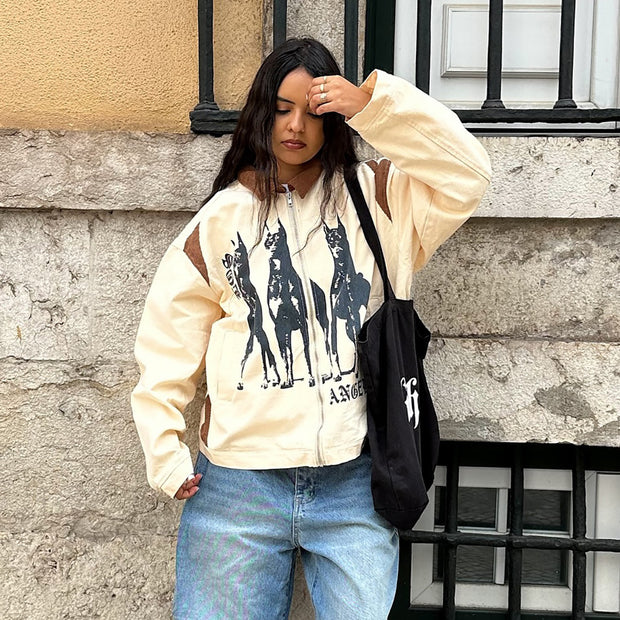Damen Streetwear-Jacke mit einzigartigem Hunde-Print und lässigen Schnitten WW