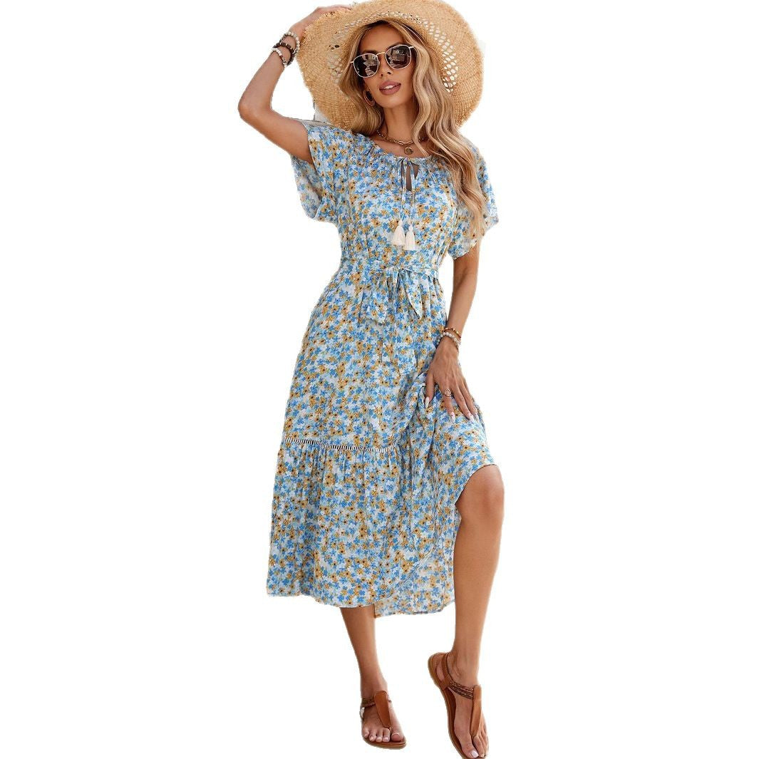 Damen romantisches Blumenkleid mit Taillengürtel und Rüschen WW