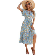 Damen romantisches Blumenkleid mit Taillengürtel und Rüschen WW