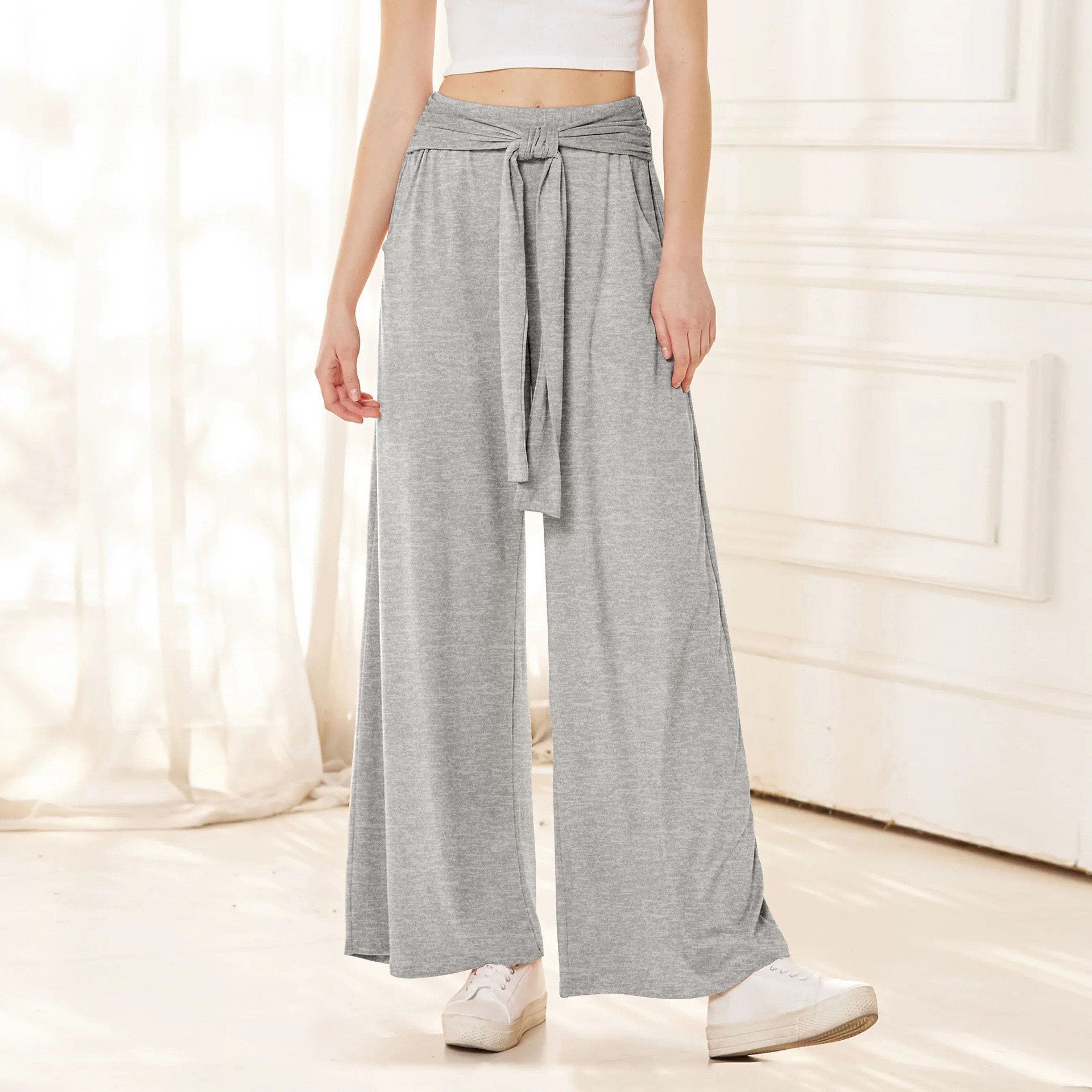 Damen Bequeme und stylische Weite Hose mit Taillengürtel WW