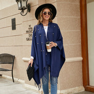 Damen Eleganter Poncho mit floralem Stickmuster und fransigen Kanten WW