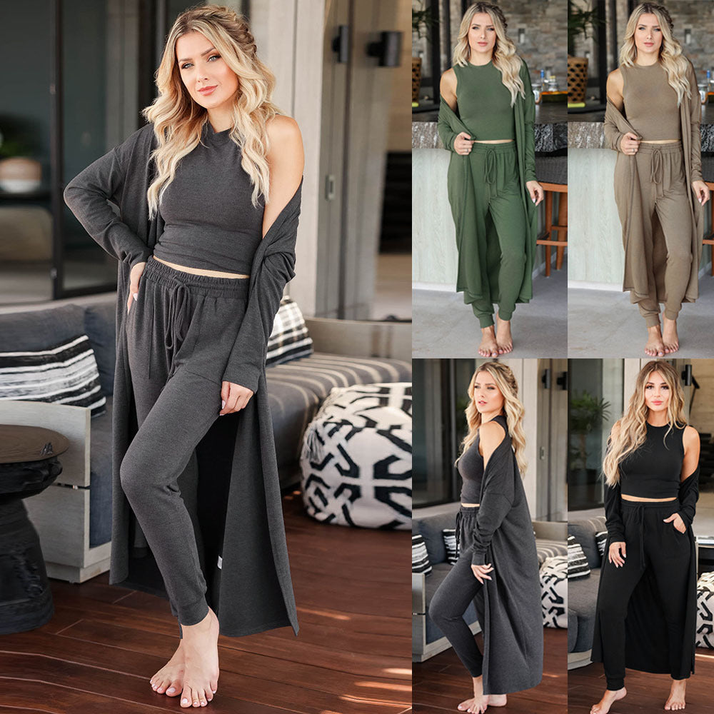 Damen lässiges 3-teiliges Outfit-Set mit ärmellosem Top, langem Cardigan und Jogginghose WW