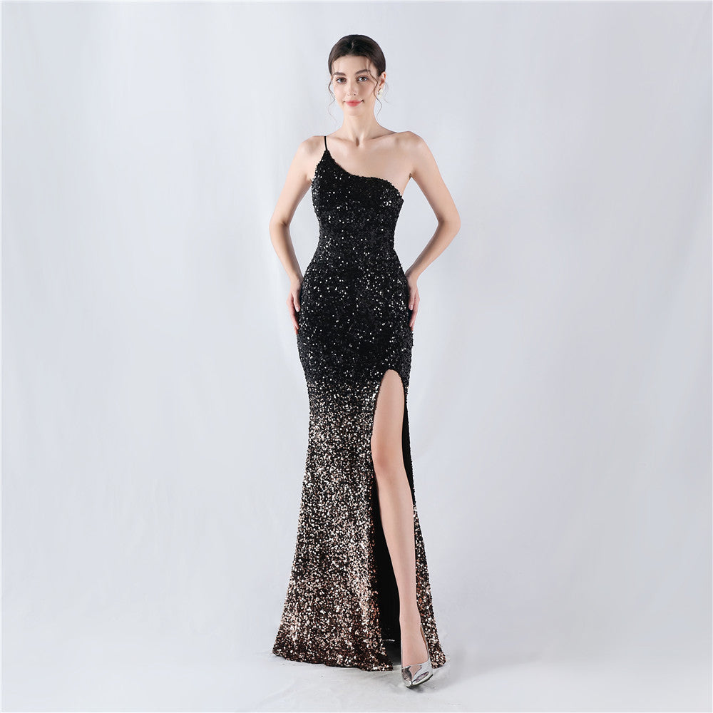 WW | Kleid Velvet Bund Gradient Paillette Hoch Gabel Schräge Schulter Sexy Kleid Abendkleid