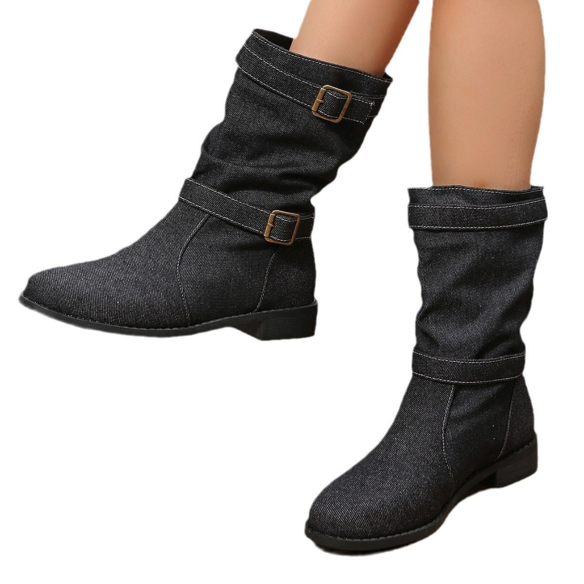 Damen Stiefeletten mit modischem Falten-Design und verstellbarem Riemen WW